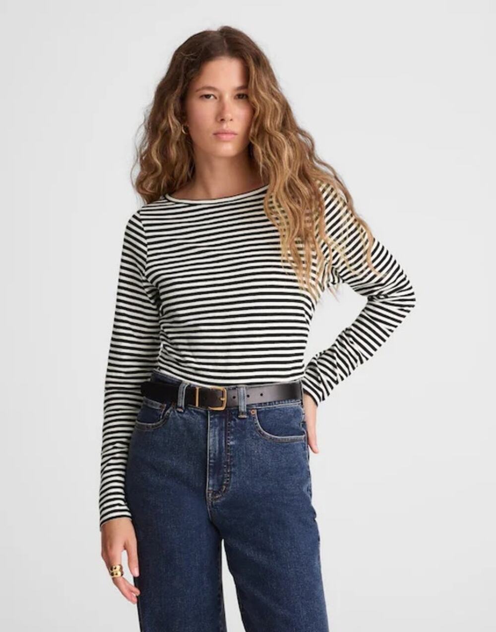 Madewell Ruched Crewneck Long-Sleeve Tee Soft Slub Jet Black White Stripe